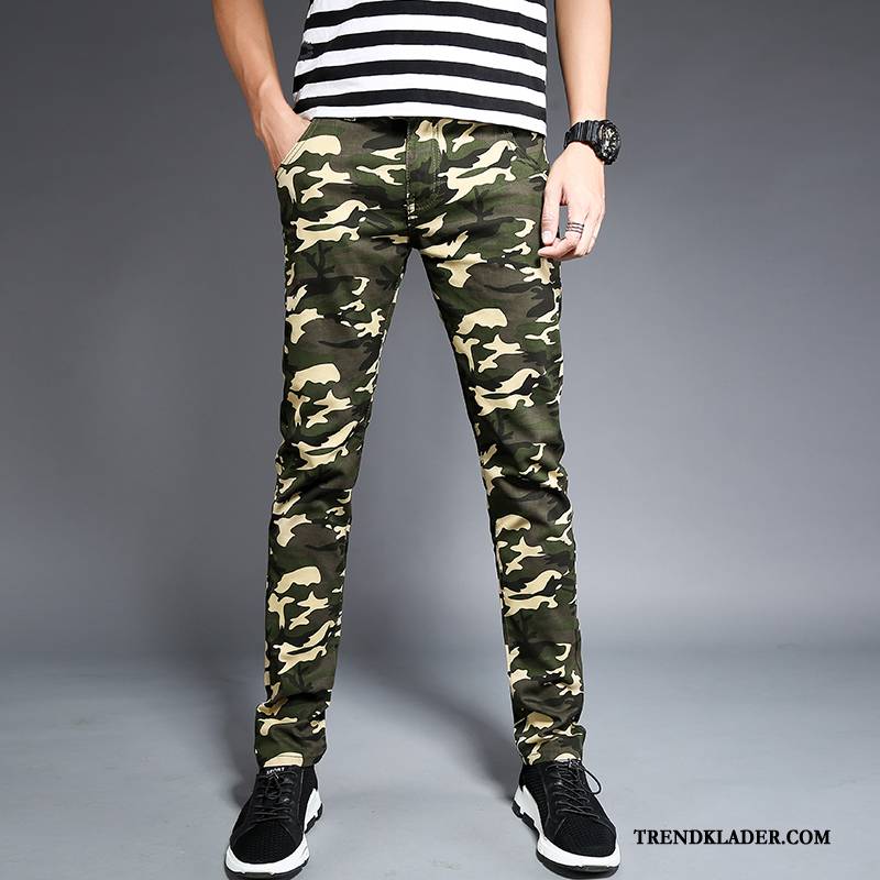 Cargobyxor Herr Tunn Slim Fit Stretch Sommar Vår Casual Byxor Camouflage Färg