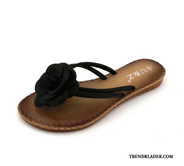 Flip Flops Dam Platta Tofflor Blommor Rose Mjuka Sandaler Svart