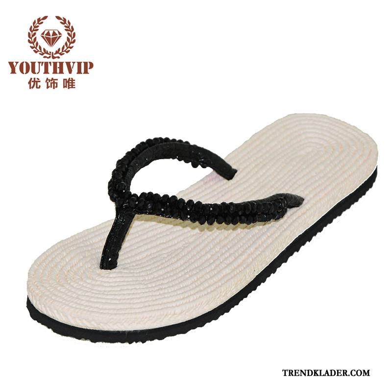 Flip Flops Dam Ytterkläder Strass Stranden Herr Sommar Glidskydds Beige Svart