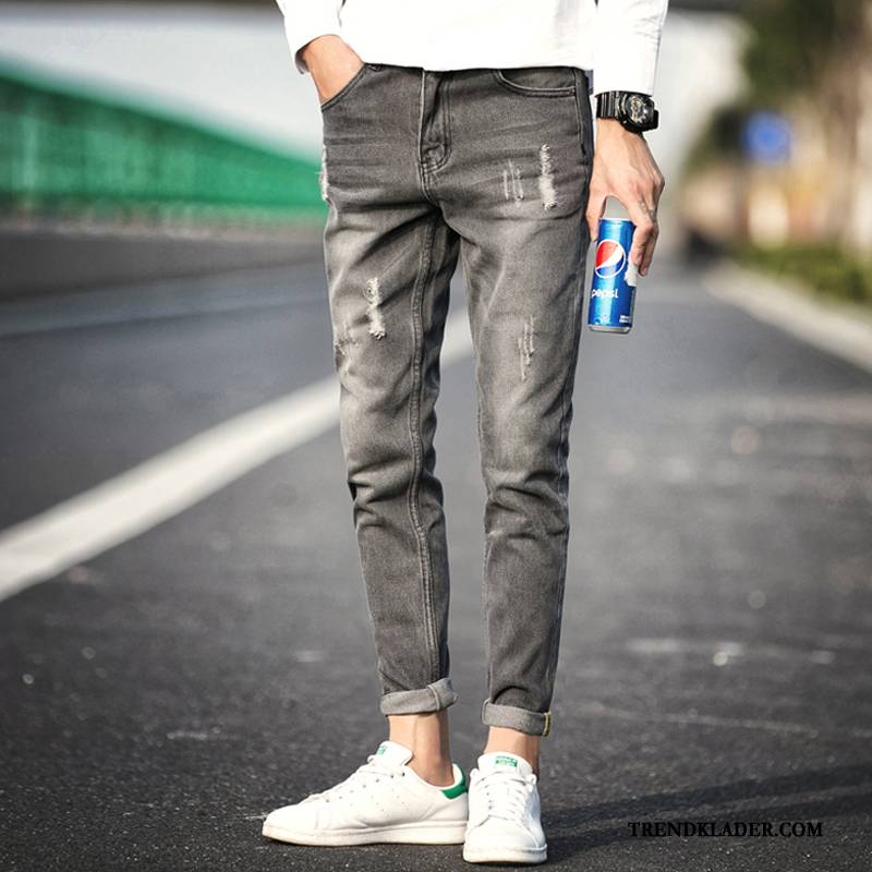 Jeans Herr 2018 Vår Ny Slim Fit Liten Hål Mörk Ljus Blå