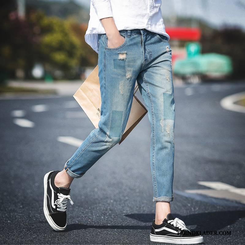 Jeans Herr 2018 Vår Ny Slim Fit Liten Hål Mörk Ljus Blå