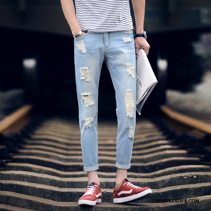 Jeans Herr Retro Trend Hål Slim Fit Liten Ljus Blå