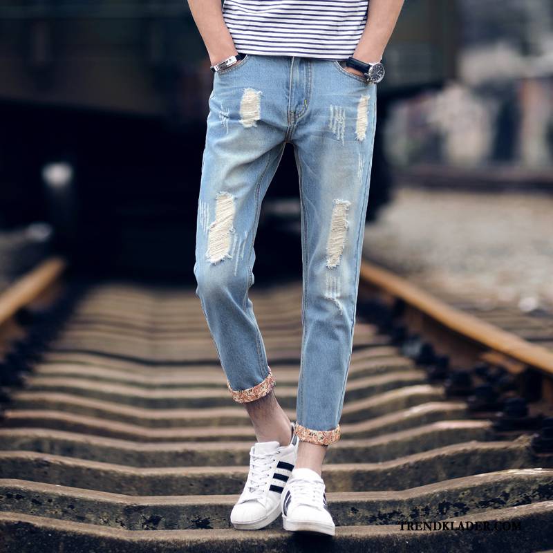 Jeans Herr Retro Trend Hål Slim Fit Liten Ljus Blå