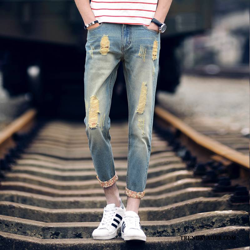 Jeans Herr Retro Trend Hål Slim Fit Liten Ljus Blå