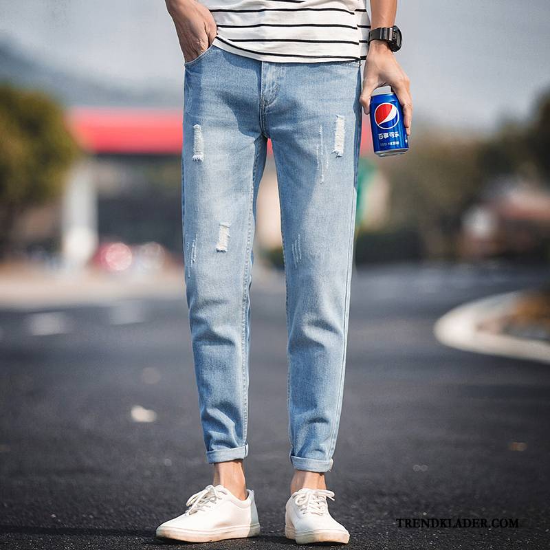 Jeans Herr Stretch Cigarettbyxor Trend Tunn Harlan Hål Grå Svart