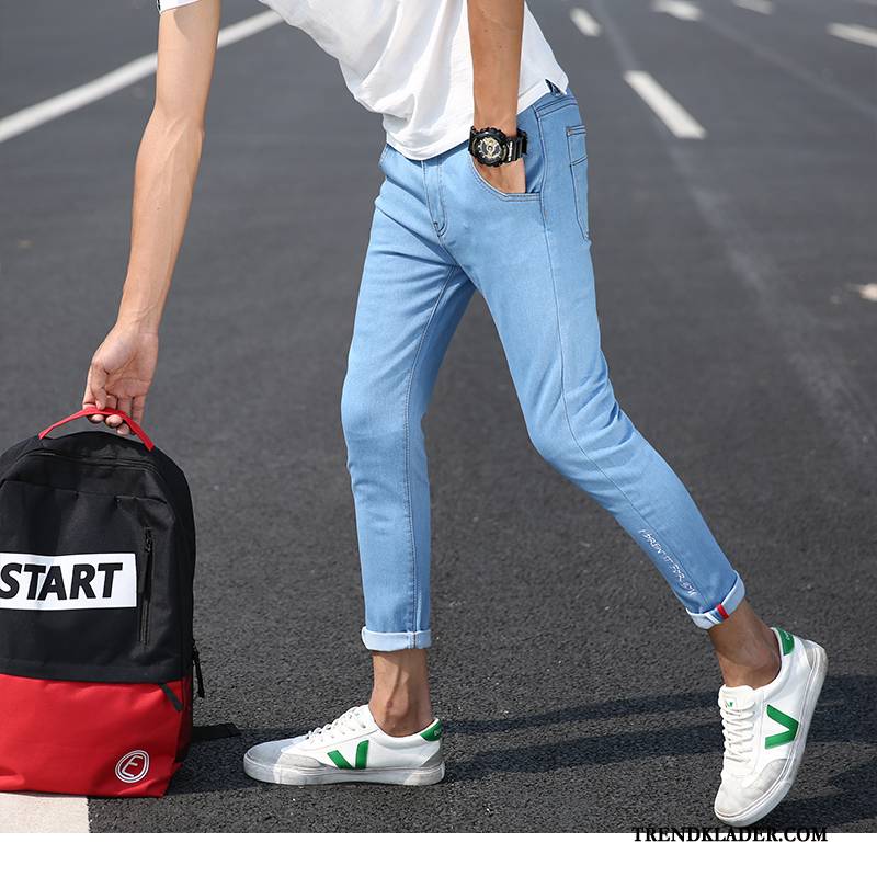 Jeans Herr Trend Stretch Student Hål Slim Fit Cigarettbyxor Mörk Blå