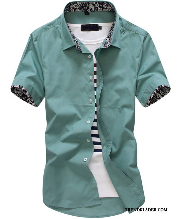 Kortärmad Skjorta Herr Sommar 2018 Slim Fit Mode Trend Casual Ljus Grön Vit