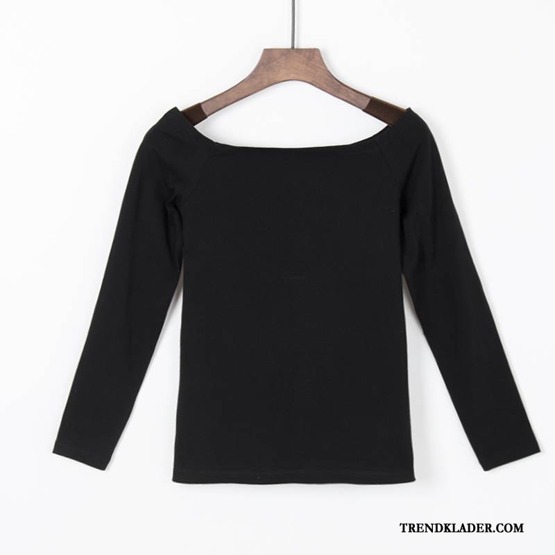 Långärmad T-shirt Dam Skinny Strapless Toppar Bottenskjorta Bomull Tjock Till Svart