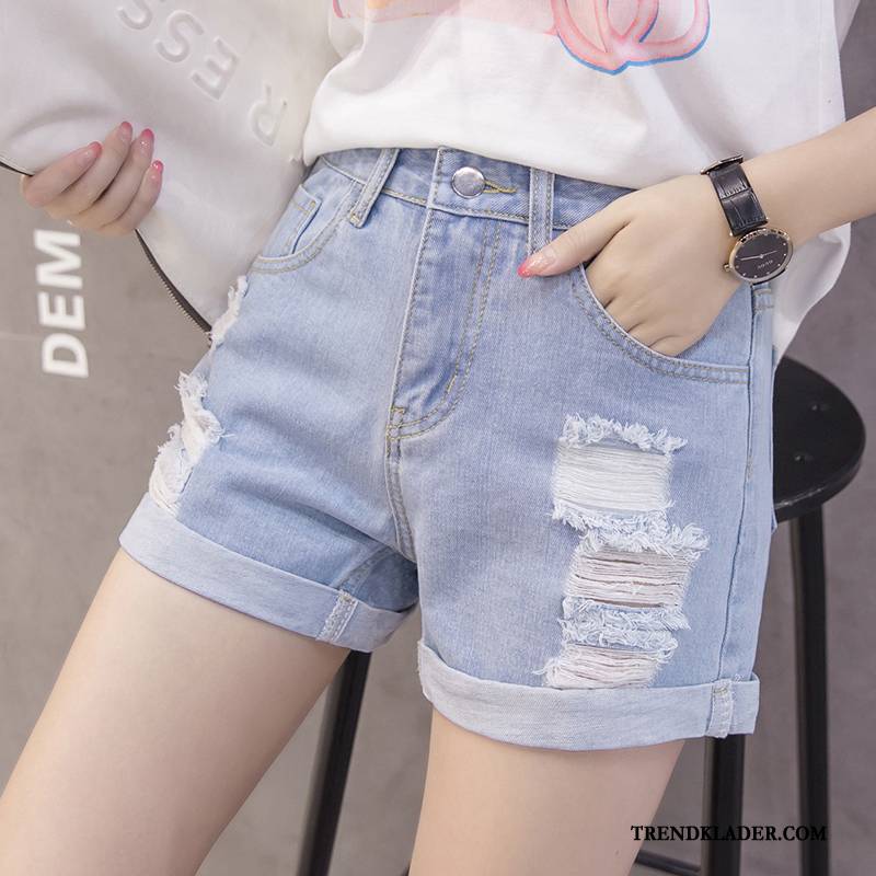 Shorts Dam Hög Midja Denim Kortbyxor Trend Lösa Krulla Ljus Blå Svart