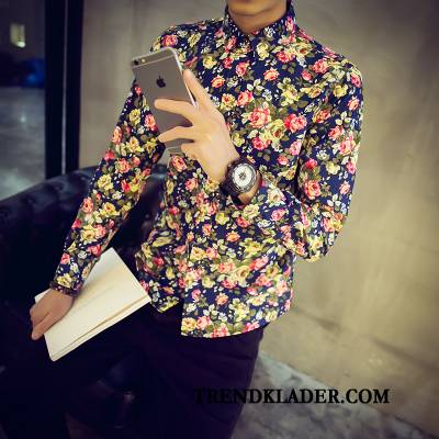Skjorta Herr Mode Mönster Personlighet Långärmad Blommor Trend Färg