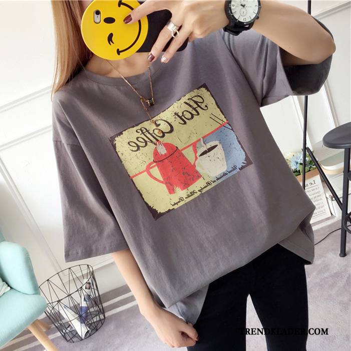 T-shirt Dam Tryck Lösa Trend Student Halv Ärm Tecknat Karamell