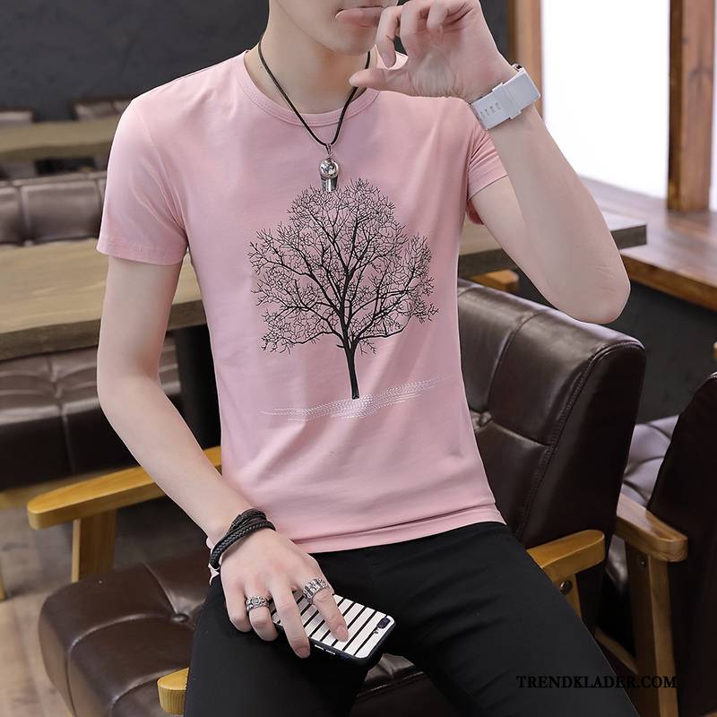 T-shirt Herr Ny Kortärmad 2018 Slim Fit Sommar Rund Hals Rosa