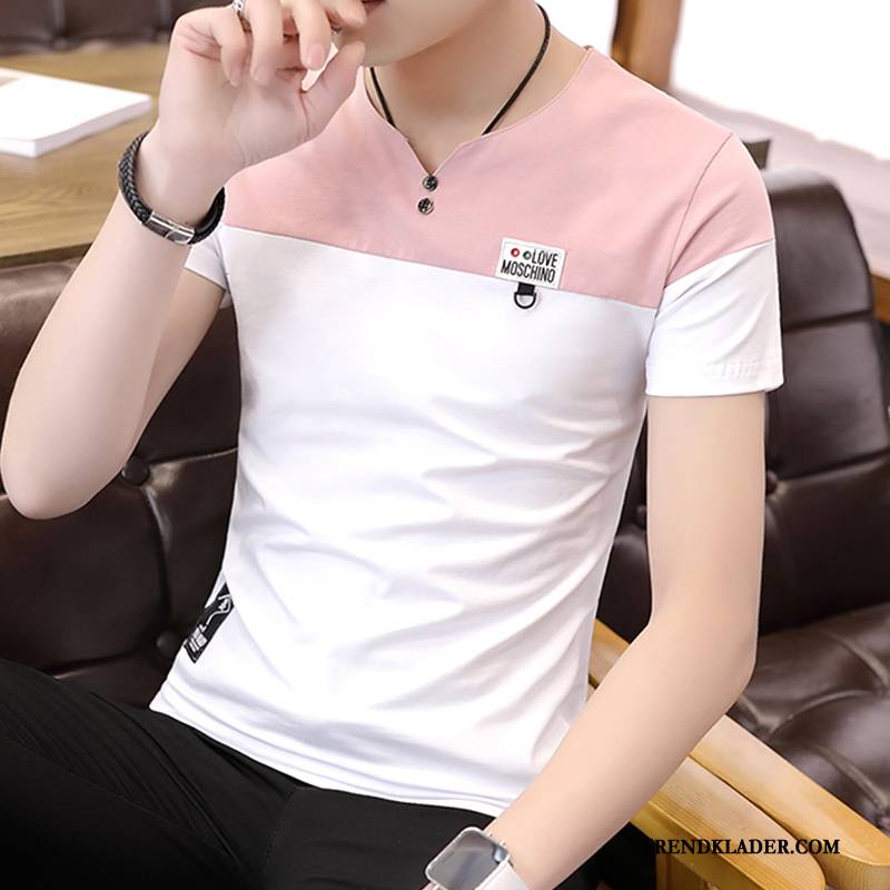 T-shirt Herr Sommar Rund Hals Halv Ärm Trend Kortärmad Slim Fit Rosa