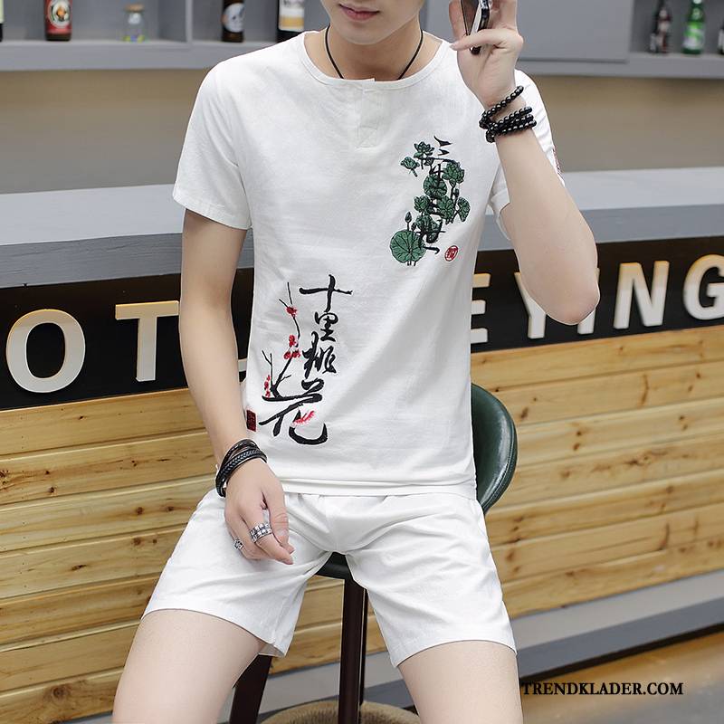 T-shirt Herr Trend Ungdom Casual Sommar Halv Ärm Kinesisk Stil Blå