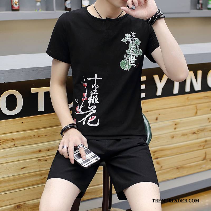 T-shirt Herr Trend Ungdom Casual Sommar Halv Ärm Kinesisk Stil Blå