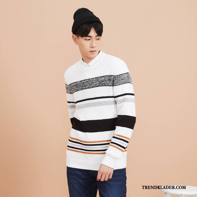 Tröja Herr Pullover Trend Casual Höst Randig Stickad Tröja Vit