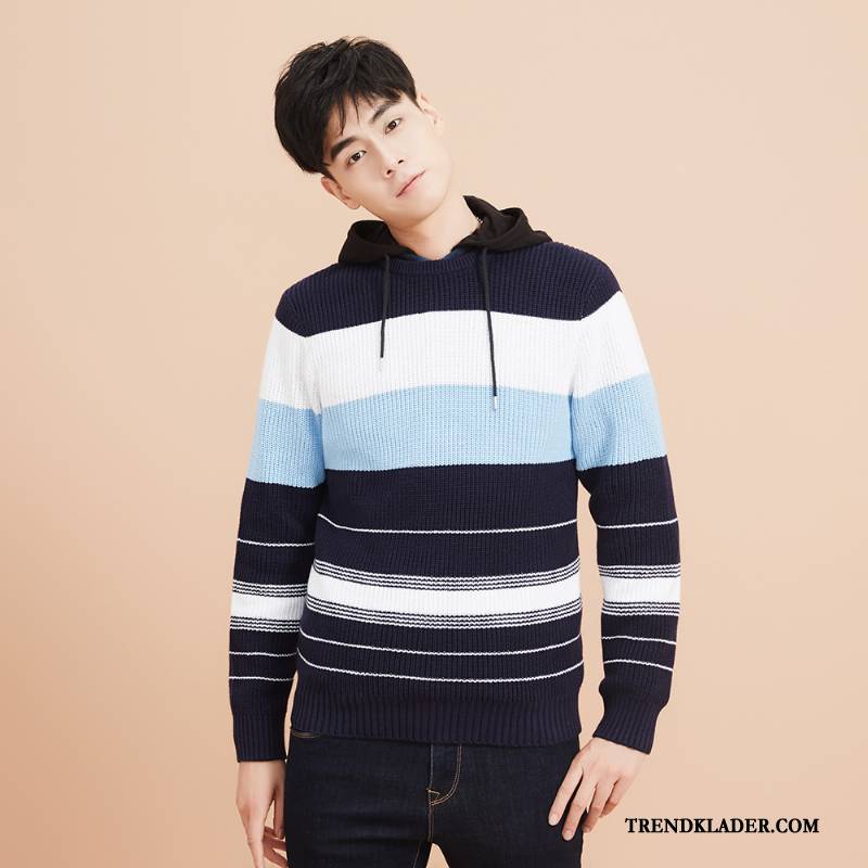 Tröja Herr Pullover Trend Casual Höst Randig Stickad Tröja Vit