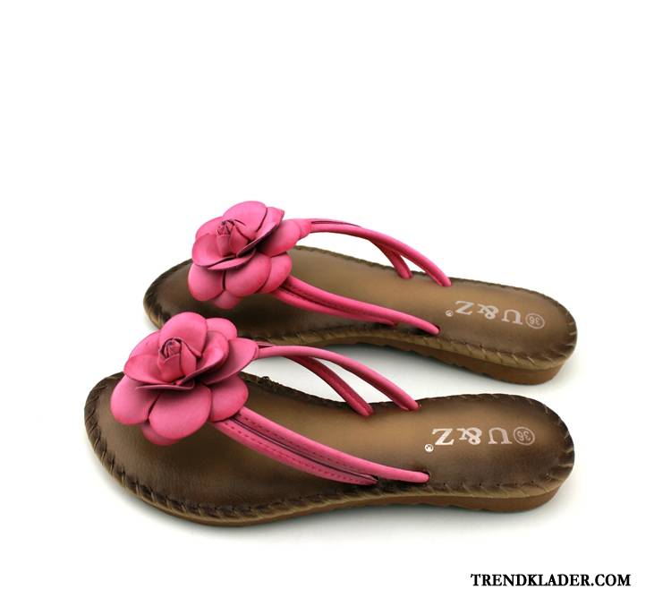 Flip Flops Dam Platta Tofflor Blommor Rose Mjuka Sandaler Svart