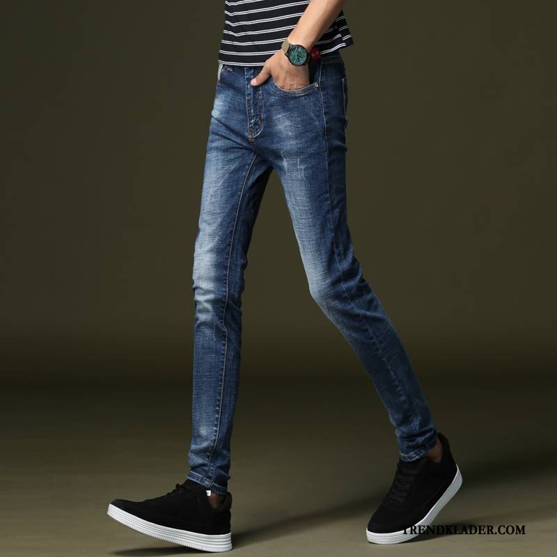 Jeans Herr Cigarettbyxor Casual Tunn Adolescens Sommar Slim Fit Blå