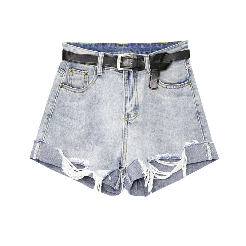 Shorts Dam Sommar Hål Heta Byxor Bälte Denim Vår Ljusblå Ljus Blå