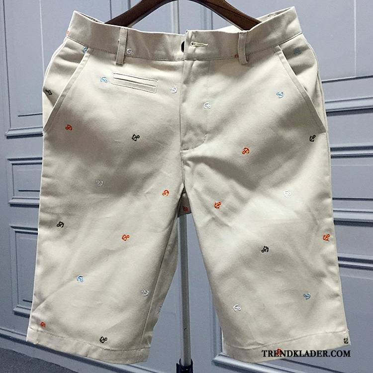 Shorts Herr Casual Byxor Rakt Sommar Stranden Broderi Ungdom Beige Vit