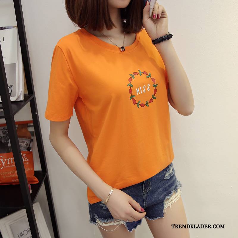 T-shirt Dam Trend Rund Hals Sommar 2018 Ny Bomull Orange Vit